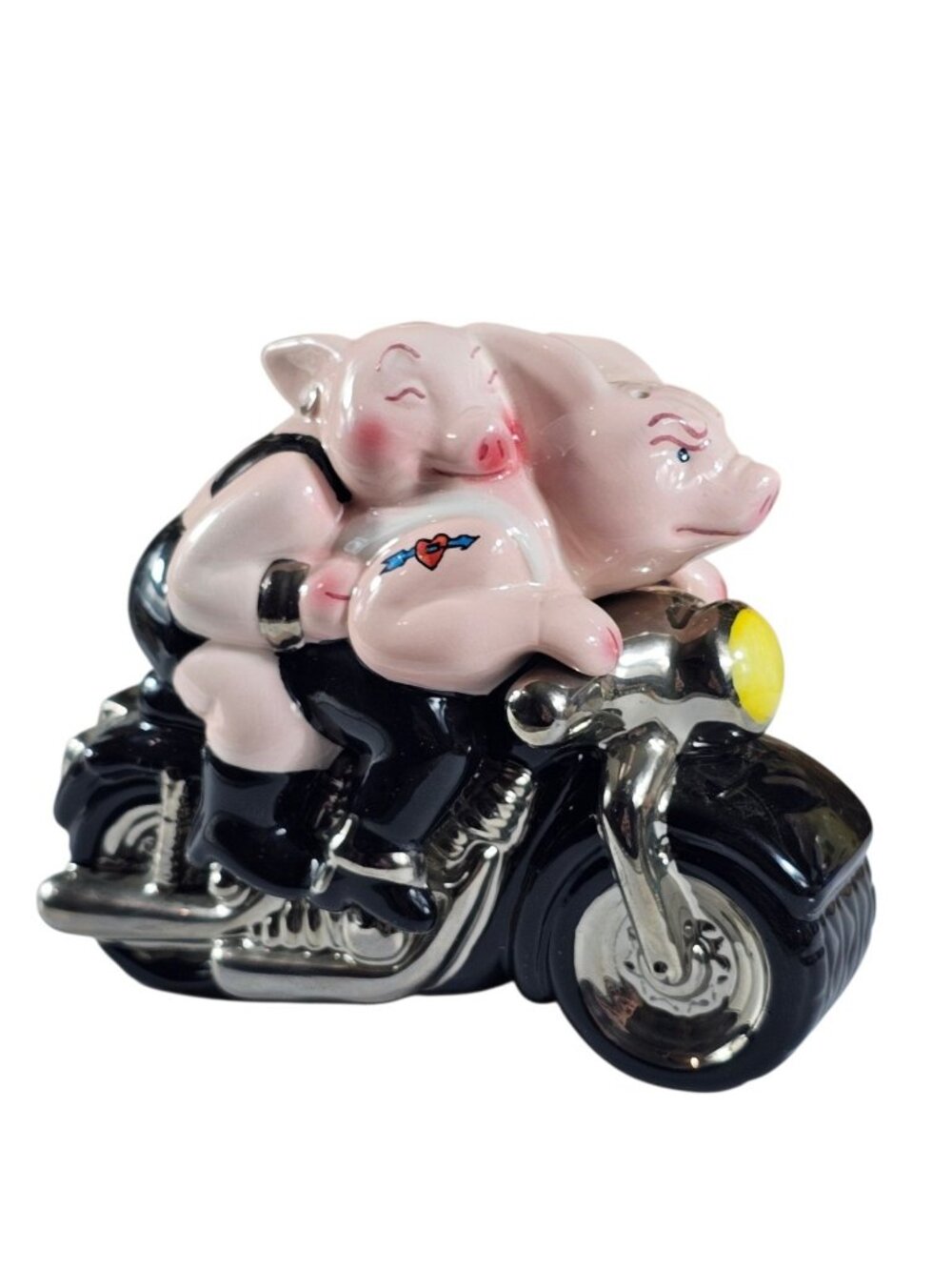 Vintage Biker Hogs Clay Art SALT & Pepper Shakers Ceramic Pigs on Motorcycle
